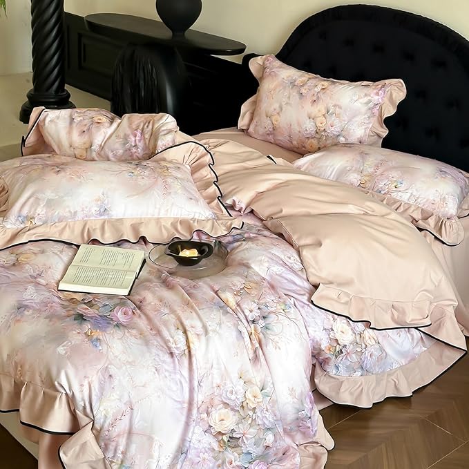 HighBuy Pink Floral Ruffle Duvet Cover Set Twin,Ruffle Comforter Cover Chic Cottagecore Brushed Cotton Breathable for Teen Girls,3 Piece Farmhouse Bedding Set(1 Duvet Cover,2 Pillowcases)