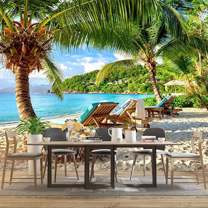 Classy Beach Backdrop Wallpaper for Bedroom Palm Tree Large Wall Mural Living Room Beach Scene Adhesive Fabric Decor - 160"x108"（Not Peel and Stick）