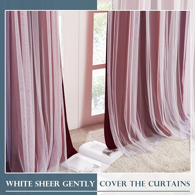 PONY DANCE Sheer Overlay Blackout Curtains - Room Darkening Curtains and Sheer Layered, Grommet Draperies for Living Room Window Decoration with Extra Tiebacks (W52 x L84 inch, Red, Set of 2)