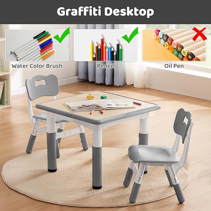 Kids Table & Chairs Set (2 Chairs) Height Adjustable for Ages 2-8 | Non-Slip Toddler Activity Table with Wipe-Clean Desktop, Montessori Learning & Art Drawing Tables for Home Preschool