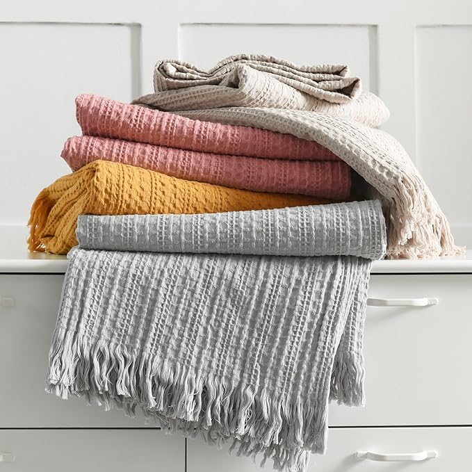100% Cotton Waffle Blanket with Fringe, Pre-Washed Waffle Weave Blanket for All Season, Lightweight Breathable Soft Cozy Throw Blanket for Couch, Bed, Travel (Light Grey - 50x60 Inches)