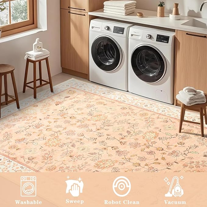 Rugs for Bedroom Living Room, Orange Washable Floral Area Rug 4x6, Soft Low Pile Thin Indoor Non Slip Carpet for Kitchen Dining Room, Boho Throw Carpets for Kids Nursery Playroom Dorm Home Decor