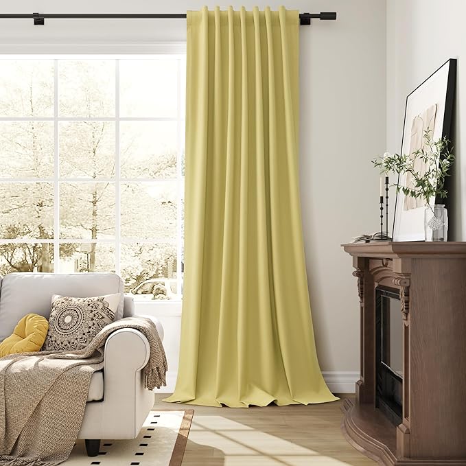Guken Yellow Linen 100% Blackout Curtains for Living Room 96 Inches 2 Panel Sets Long Textured Room Darkening Thermal Insulated Soundproof Back Tab Curtains Hooks Patio Door Bedroom 52x96 8Ft