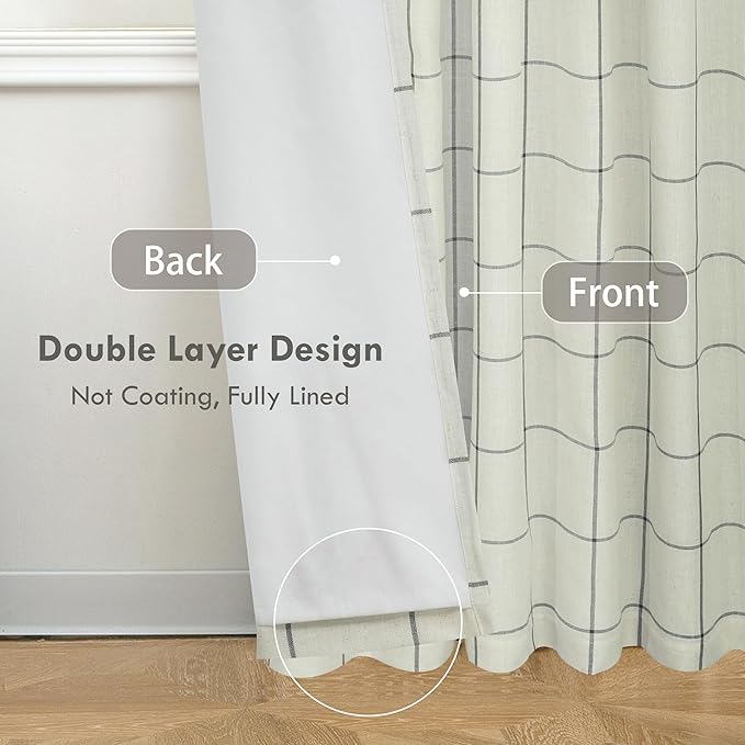 DriftAway 2 Panels 100% Blackout Windowpane Plaid Linen Curtains Double Layer Drapes for Bedroom 102 Inches Long Farmhouse Thermal Insulated 3.25 Inch Rod Pocket Back Tab for Living Room Black
