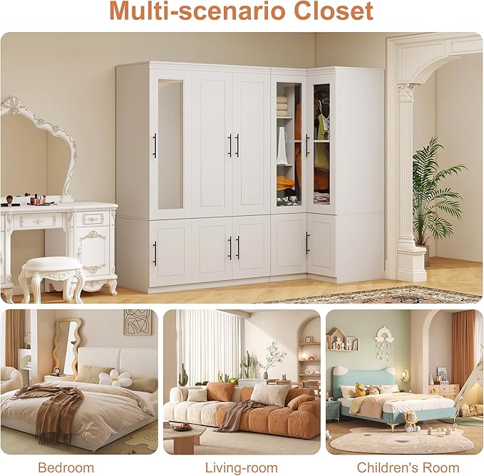 White 5 Door Armoire Wardrobe Closet with Mirror: White Combination Corner Wood Wardrobe Closet Wooden Bedroom Armoire with Hanging Rods for Bedroom/Living Room