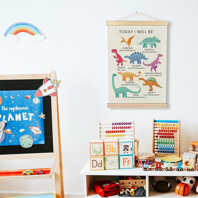 BCUANGD Dinosaurs Dino Wall Decor - Toddler Baby Boys Room Wall Art Poster Hanger with Wood Frames, Inspirational Mental Health Wall Hanging Canvas Decor for Kids Room Nursery Bedroom, 12x16 Inches