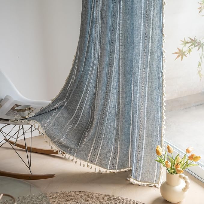 Deeprove Blue Boho Curtains 90 Inches Long Linen Textured for Living Room Light Farmhouse Bohemian Sheer Hollow Striped Chic Drape Window Treatment for Bedroom 1 Panel W52 x L90