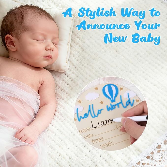 Baby Announcement Sign 5.9 Inch Wooden Hello World Newborn Signs Baby Name Plaques Birth Announcement Signs Pen Hot Air Balloon White Cloud Newborn Welcome Sign BabyShower Hospital Nursery