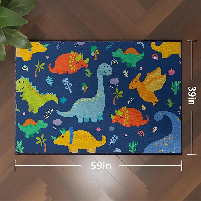 Cute Cartoon Dinosaur Rug for Bedroom 59"x39" Bedroom Playroom Decor for Kids Lovely Dinosaur Animal Pattern Carpet Blue Rug Non-Slip Washable