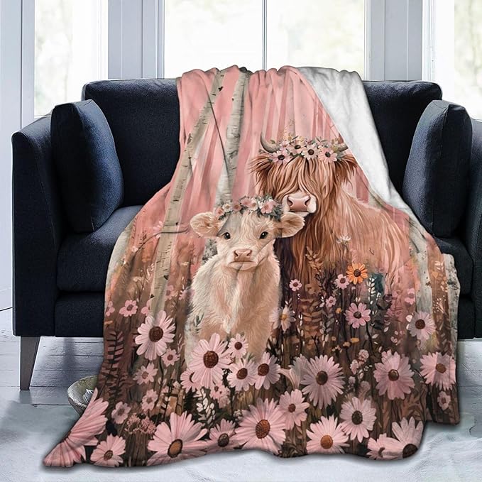 Highland Cow Blanket Pink Forest Cattle Daisy Decor Throw Blanket Super Soft Flannel Lightweight Fluffy Plush Fuzzy Fleece Blanket Gifts for Girl Woman Boys Kids Adults Man for Bed Sofa 60"X80"