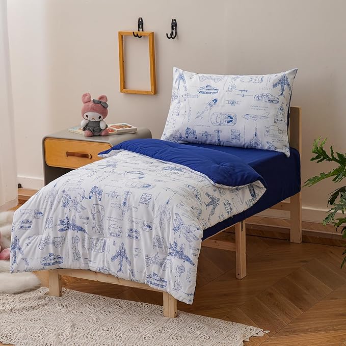 KAREVER Cartoon Toddler Bedding Set Vehicles Print 4 Pieces Crib Bed Set Kids White Blue Car Plane Print Comforter Set