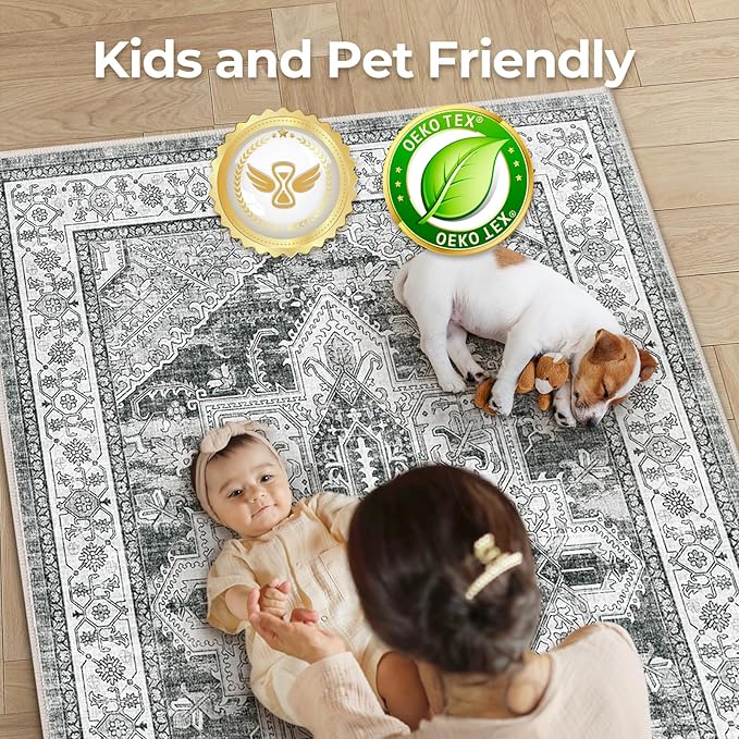 WITSHOCK Living Room Area Rugs 5x7: Washable Rug Boho Soft Non-Slip Low Pile Stain Resistant Foldable Carpet for Bedroom Playroom Dining Room Office Kitchen Farmhouse Home Decor Rug-Gray