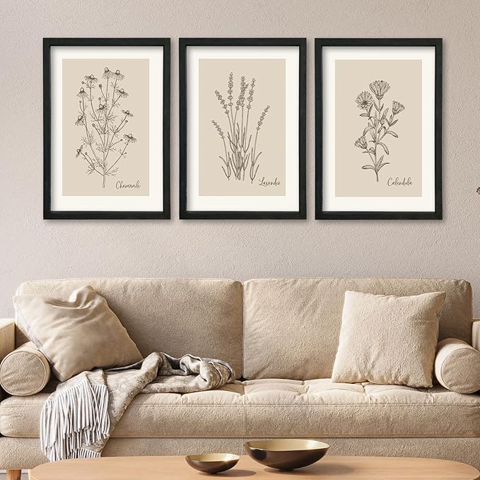 YWJKWLGS Vintage Botanical Wall Art 16x24 Inch Set Of 3 Wooded Framed Minimalist Rustic Wildflower Pictures Floral Sign Bedroom Wall Hanging Decor (Black)