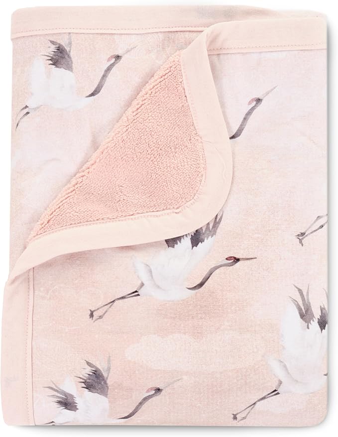 Oilo Baby Blanket, Luxury Soft Plush Backing & 100% Turkish Cotton Jersey Print, Double Layered, 30" x 40", Rolled Jersey Edge Trim, Machine Washable, Perfect for Infant or Toddlers, Pink Crane Birds