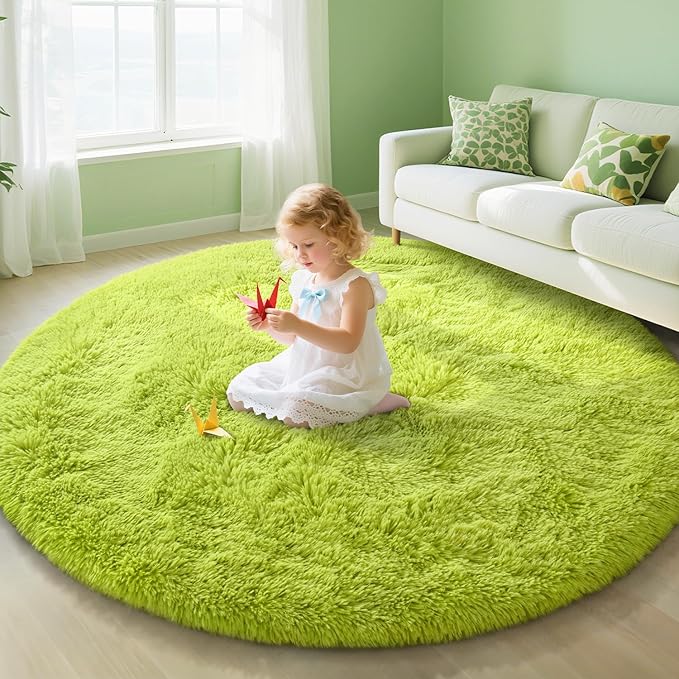 EVOIONOS Green Grass Round Rug for Bedroom, 5x5 Ft Fluffy Soft Circle Area Rugs for Living Room, Plush Shaggy Circular Carpet for Indoor Floor Bedside Girls, Machine-Washable Home Decor Aesthetic