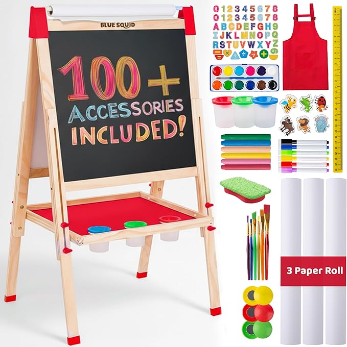 Blue Squid Art Easel for Kids with Paper Roll x 3, Includes 100+ Accessories, Double Sided Adjustable Wooden Painting Easel with Magnetic Chalk Board, White Board for Toddlers Ages 3,4,5,6,7,8,9,10,12