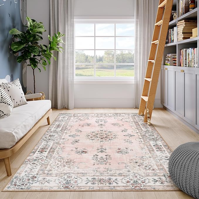 Lahome Washable 6x9 Area Rugs for Living Room, Vintage Floral Pink Large Rug for Nursery Girls Bedroom, Non Slip Lightweight Foldable Carpet for Apartment Dorm Home Office Decor