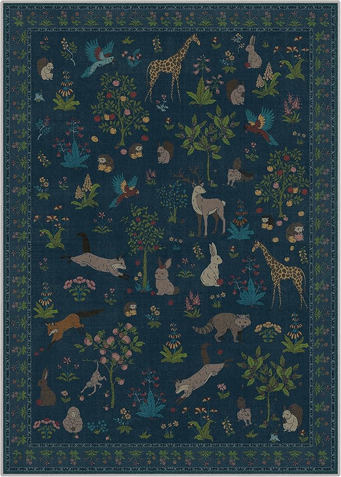 Rugs for Living Room 5x7 Floral Animal Print Area Rug Machine Washable Rug, Non Slip Low Pile Carpet for Bedroom, Entryway, Midnight Blue