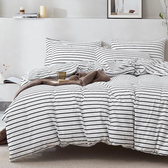 JELLYMONI 100% Natural Cotton 3pcs Striped Duvet Cover Sets, White Duvet Cover with Thick Black Stripes Pattern Printed Comforter Cover, with Zipper Closure & Corner Ties(King Size)