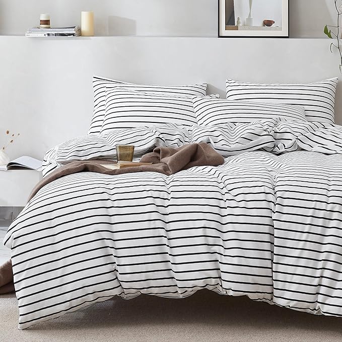 JELLYMONI 100% Natural Cotton 3pcs Striped Duvet Cover Sets, White Duvet Cover with Thick Black Stripes Pattern Printed Comforter Cover, with Zipper Closure & Corner Ties(Full Size)