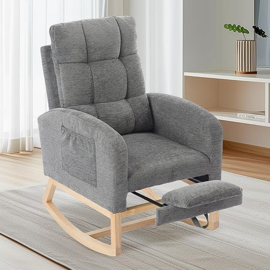 Nursery Rocking Chair, Polyester Upholstered Glider Chair with Footrest, Comfy Rocker Chair, Accent Chair with High Backrest, Glider Rocker, Armchair for Living Room (Gray Linen)