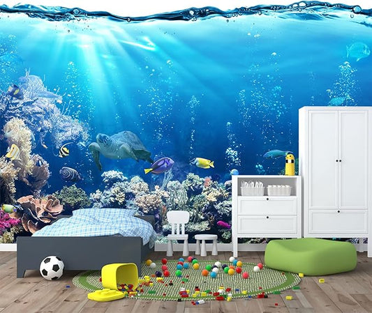 Blue Ocean Wallpaper Peel and Stick Underwater Animal World Self Adhesive Wall Mural for Kids Room Nursery 82"x57"