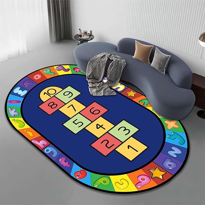 Hopscotch Rug, 5x8ft, Kids Play Oval Rug for Boys & Girls, Colorful Alphabets Educational Game Carpet, Soft Non-Slip Machine Washable Rug for Classroom Toddler Room