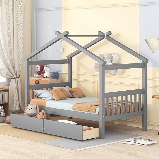 Merax Twin Size Wooden House Bed with Two Drawers, Wood Bed Frame with Roof for Kids, Teens, Boys or Girls, Grey