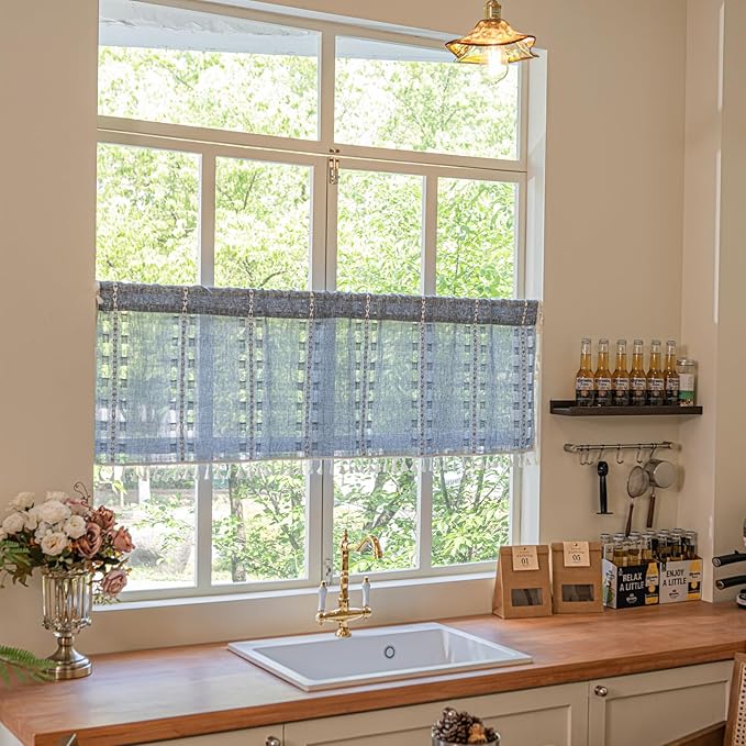 Deeprove Boho Valance Kitchen Short Curtain, Textured Striped Drape Semi Sheer Privacy Tier Embroidered Chic Window Treatment for Cafe Restaurant Closet, W52 x L18 inch Single 1 Panel Denim Blue