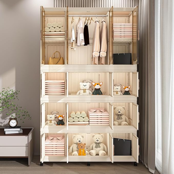Kids Portable Wardrobe Closet Organizer with Magnetic Doors, 16 Cubes & 1 Hanging Rod, 6 PCS Hangers, Children's Plastic Wardrobe Closet for Bedroom Storage, Large Baby Wardrobe Storage Cabinet