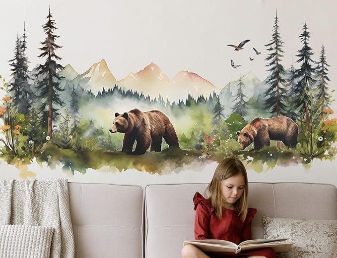 Large Jungle Animals Wall Decals Forest Tree Wall Decal Peel and Stick Woodland Bear Fox Deer Wall Stickers Giant Mountain Art for Bedroom Nursery Room FX-C432