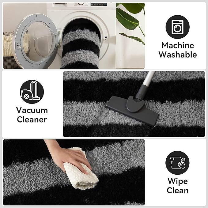 Meralax Area Rugs for Living Room Bedroom, Machine Washable 5x8 Feet Soft Fluffy Shaggy Rug, Grey and Black Stripe Indoor Floor Carpet for Boys, Dorms, Nursery Rooms, Home Decor Aesthetic
