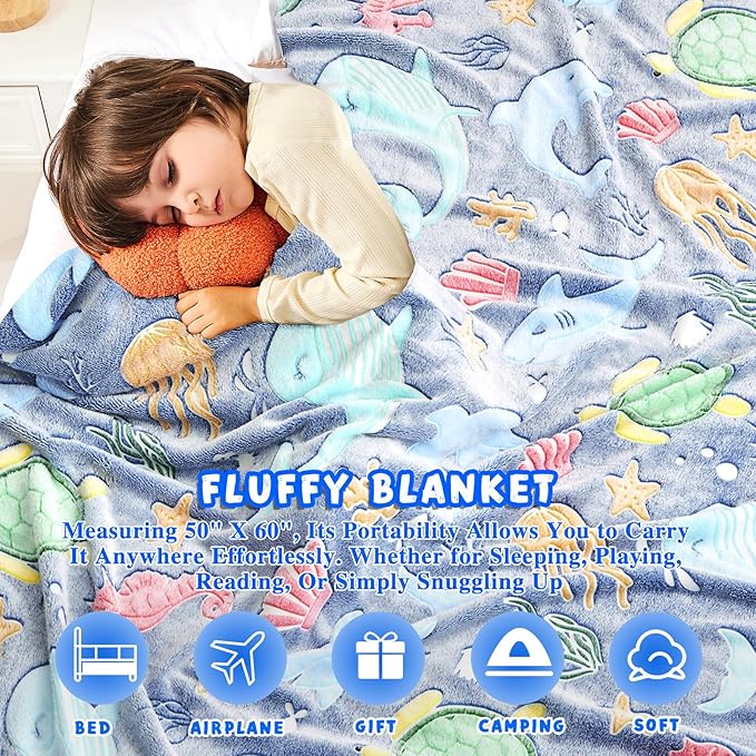 Inhand Shark Glow in the Dark Blanket Ocean Gifts for Boys Kids Throw Blanket Crab Turtle Coral Whale Dolphin Jellyfish Seahorse Toys for Kids Boys Birthday Christmas Cute Soft Room Decor Blue 50"X60"