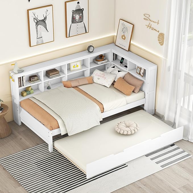 Harper & Bright Designs Twin Size Daybed with Trundle and Charging Station, Wooden Twin Storage Bed Frame with L-Shaped Bookcases, Twin Platform Bed with Shelves for Kids Girls Boys, White
