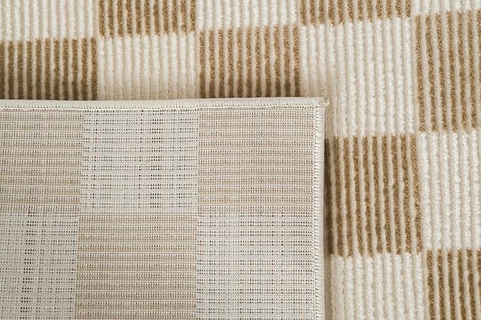 Revival Rugs Gambit 7'10"x10' Checkered Rug Washable Area Rug for Living Room Bedroom - 100% Recycled Oeko-TEX Certified, Medium Pile, Camel, Beige