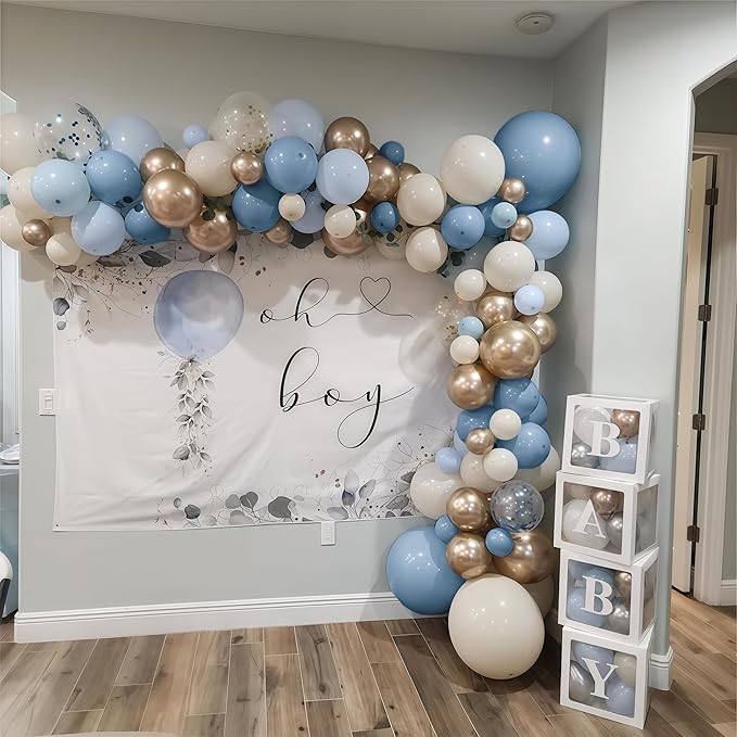 Dusty Blue Balloon Set, 60Pcs 12 Inch Slate Muted Baby Blue Fog Pastel Light Blue White Sand Balloon with Metallic Confetti Champagne Gold Balloons for Boy Birthday Party Baby Bridal Shower Decortaion