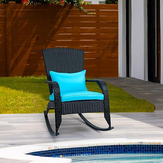 Outdoor Rocking Chair- Outdoor Glider Teal Rattan Rocking Chair with Heavy Duty Steel Frame- All Weather Rocker Chair for Garden, Porch, Backyard, Poolside (Black Rattan, 320lbs)