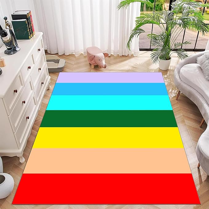 Soft Rainbow Area Rugs Girl's Bedroom Fluffy Colorful Rugs Furry Kids Play Mats Simple Rainbow Line Print Living Room Kids Room Nursery Home Decor 4x6ft