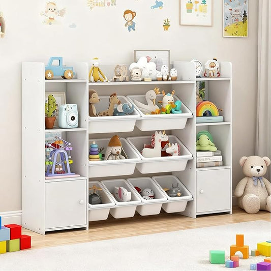 Costzon 56'' Kids Toy Storage Organizer with 8 Removable Bins, 4-Tier Toddler Bookshelf Cubbies, Preschool Children's Montessori Bookshelf w/6 Large Cabinet for Playroom, Daycare, Kids Room, Classroom