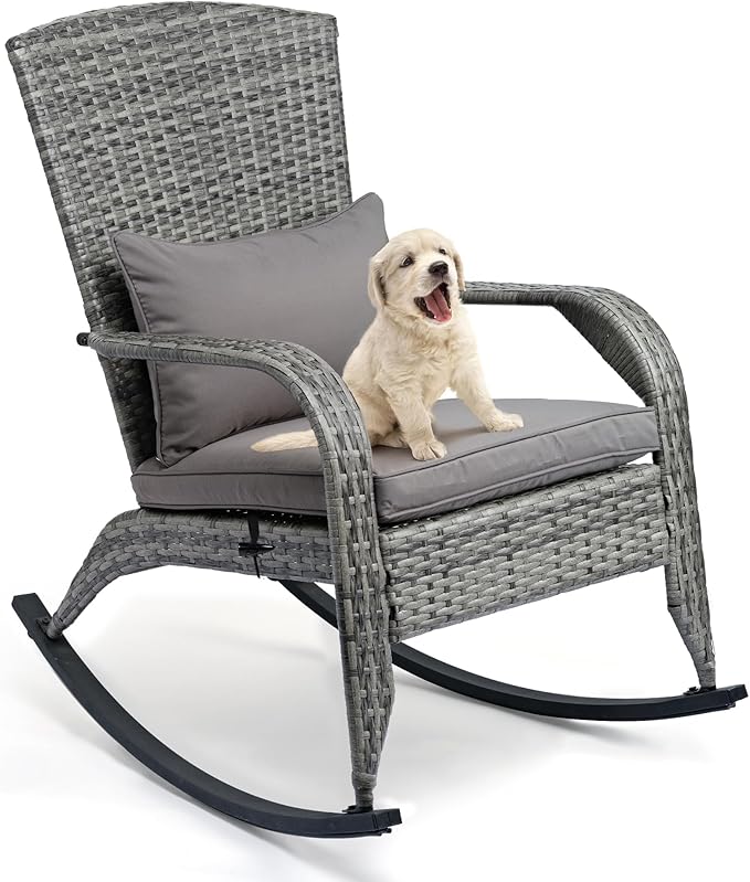 Outdoor Rocking Chair- Outdoor Glider Rattan Rocker Chair with Heavy-Duty Steel Frame- All Weather Rocker Chair for Garden, Porch, Backyard, Poolside (Grey, 320lbs)