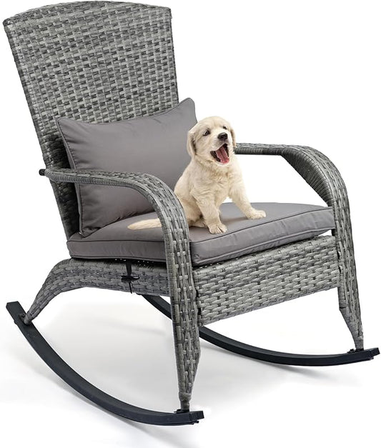Outdoor Rocking Chair- Outdoor Glider Rattan Rocker Chair with Heavy-Duty Steel Frame- All Weather Rocker Chair for Garden, Porch, Backyard, Poolside (Grey, 320lbs)