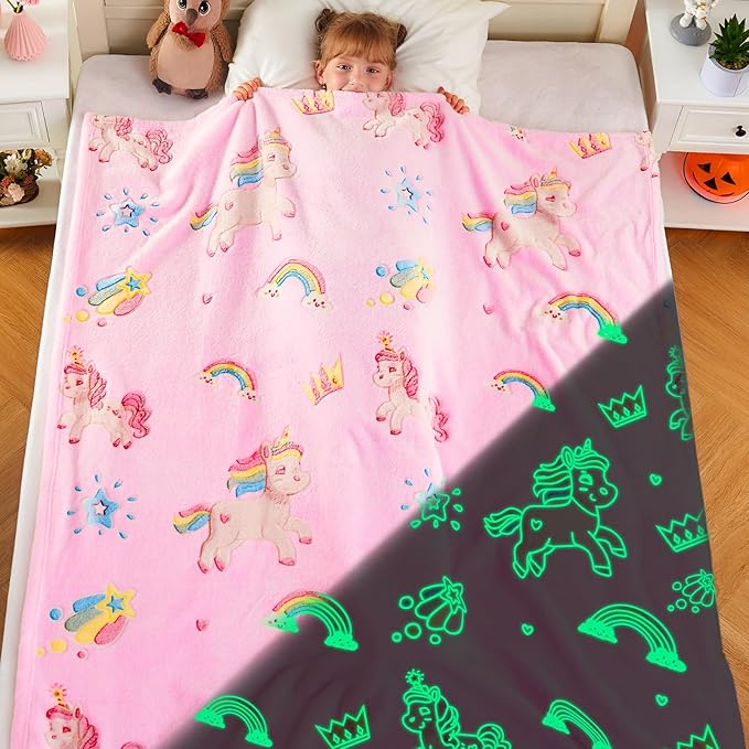 inhand Pink Unicorn Gift for Girl Glow in The Dark Blanket Unicorn Toys Kids Throw Blanket for Couch Soft Fleece Blanket Gift for 4-12 Girls Fuzzy Room Decor Birthday Gifts, 50"X60", Pink