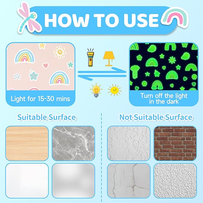Rainbow Wall Decal Glow in The Dark, Small Watercolor Heart Star Flower Stickers for Girls Room, Kids Boys Baby Nursery Decor