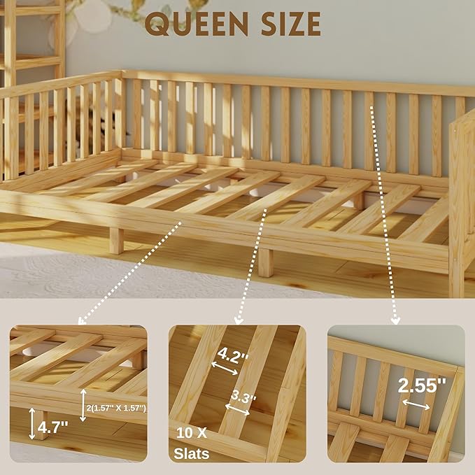 Montessori Floor Bed Designed with Open Front and Footed model for Girls and Boys | Pine Wood Natural Solid Frame Beds with Slats | Sturdy Designed Floor Bed Frame for Kids (Queen, Height : 23 Inches)