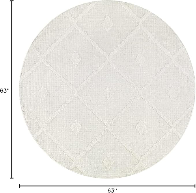 Antep Rugs Palafito 5x5 Geometric Shag Diamond High-Low Pile Textured Indoor Area Rug (White, 5'3" Round)
