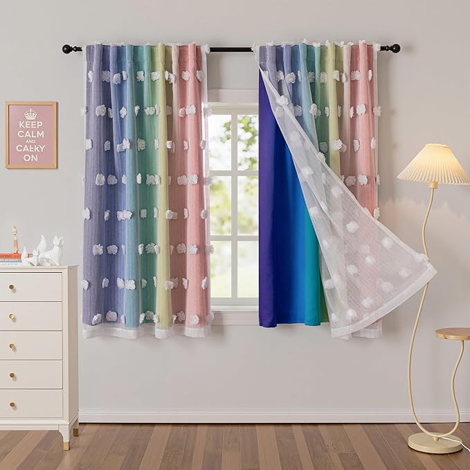 MYSKY HOME Pom Pom Sheer and Blackout Curtains Double Layer 63 Inches Long Kids Curtain for Girls Bedroom Son Room Ombre Room Darkening Window Drapes Back Tab Rainbow 52 x 63 in 2 Panels