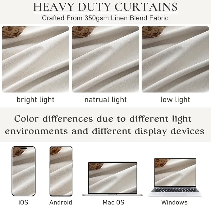 100% Blackout Curtains 90 Inches Long for Living Room 2 Panels Set, Room Darkening Energy Saving Curtain Window Coverings Elegant Flax Linen Hook Belt Pleated Drapes Aesthetic Bedroom(W50"xL90",Birch)