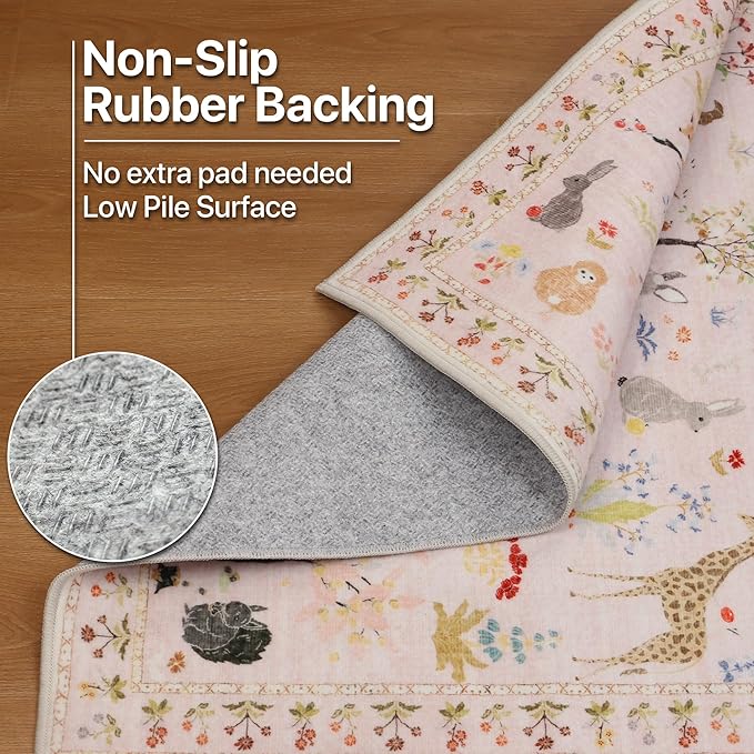 Runner Rug Non Slip 2'6''x 6', Floral Animal Print Rug Machine Washable Rug, Non Slip Low Pile Hallway Runner Girl Carpet for Kitchen, Laundry, Bedroom, Bathroom, Nursery, Pink