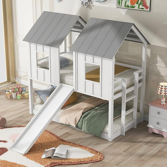 Twin Over Twin Wood House Bunk Bed with Slide and Windows, White