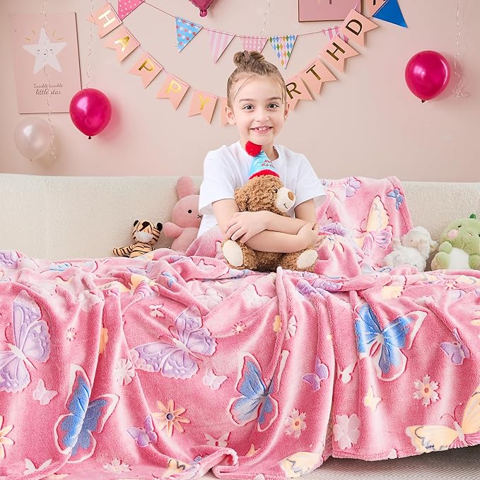inhand Butterfly Toys for 2 3 4 5 6 7 8 9 10 Year Old Girls,Girl Birthday Gifts Glow in The Dark Blanket Butterfly Soft Fleece Decorations for Kids Room（50"X60" Pink Butterfly）